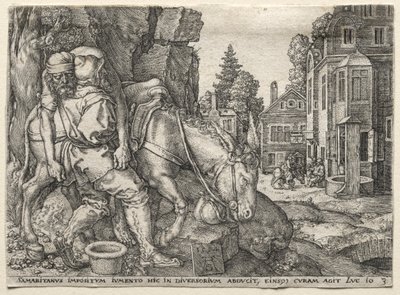 İyi Samiriyeli Mesel: Gezgini Eşeğine Bindiren İyi Samiriyeli by Heinrich Aldegrever