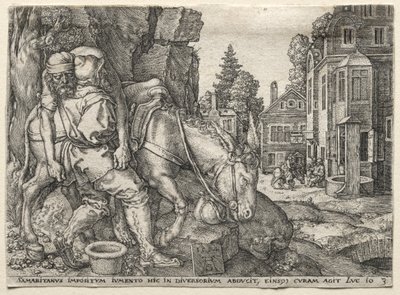 İyi Samiriyeli Mesel: Gezgini Eşeğine Bindiren İyi Samiriyeli, 1554. by Heinrich Aldegrever