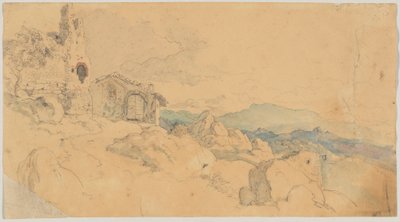 Kulübe ve harabeler ile dağ manzarası by Heinrich Burkel