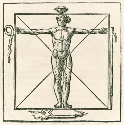 Adam göz, yılan, yedi bölüm personel ve kalkan sembolleriyle çevrili bir meydanda. Heinrich Cornelius Agrippa von Nettesheim