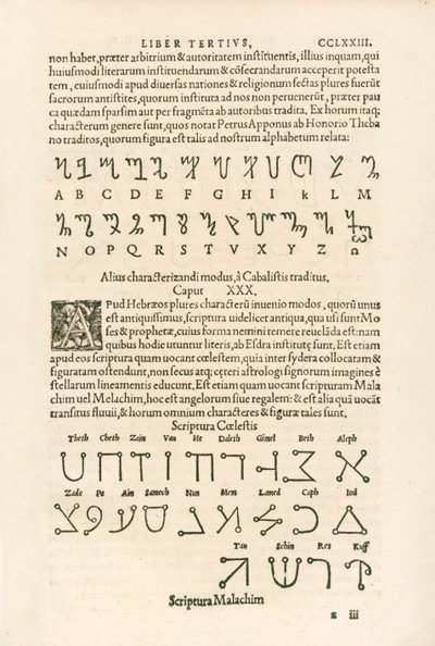 Theban alfabesi (Honorian alfabesi veya Honorius Runes of Honorius) ve Gök Alfabesi (Scriptura Malachim veya Angelic Script) Heinrich Cornelius Agrippa von Nettesheim