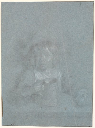 Elinde elma ve kupa olan bir masada bir çocuk by Heinrich Dittmers