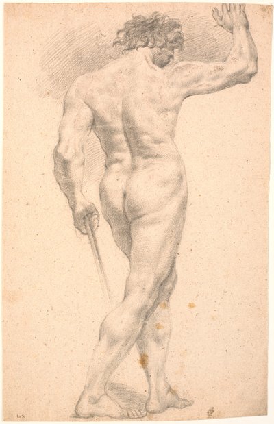 Ayakta duran erkek model, sağ eli kaldırılmış, arkadan bakıldığında by Heinrich Dittmers