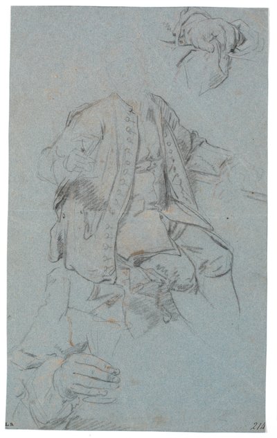 Oturan adam çalışması (sadece kafa ima edildi) ve iki ayrıntılı el çalışması by Heinrich Dittmers