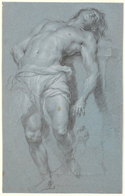 Uzanmış, ayakta duran erkek model, bir sunağa zincirlenmiş by Heinrich Dittmers
