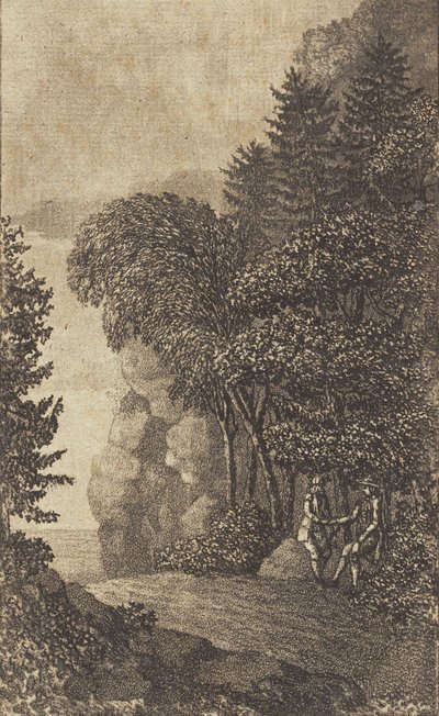 Kayalar ve büyük ağaçlar ile manzara, t.h. iki adam by Heinrich Grosch