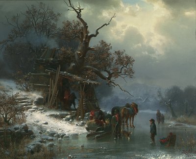 Donmuş bir nehirde figürlü kış manzarası, 1867 by Heinrich Hofer