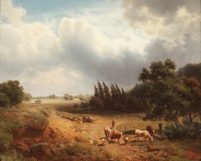 Bir çobanın ve sığırlarının olduğu ormanlık manzara, 1862 by Heinrich Hofer
