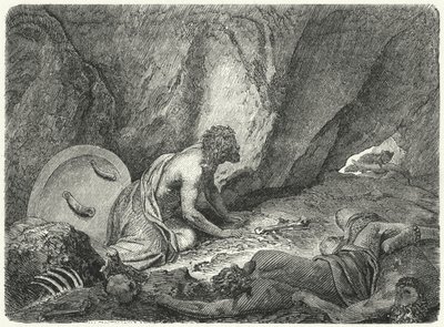 Spartalılar tarafından atıldığı çukurdan kaçan Aristomenes (gravür) by Heinrich Leutemann