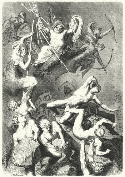 Antik Yunan Tanrıları ve Titanlar arasındaki savaş (gravür) by Heinrich Leutemann