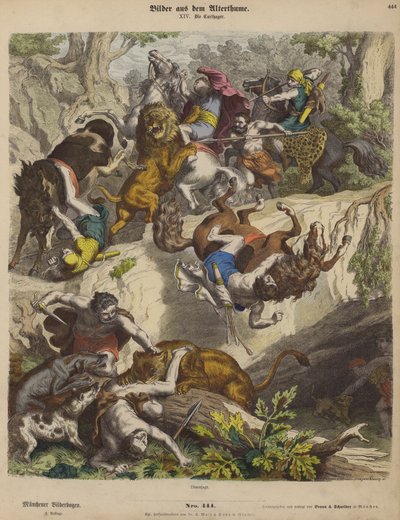 Kartaca aslan avı (renkli gravür) by Heinrich Leutemann