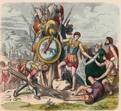 Cumhuriyetler zamanında Yunanistan: Galipler savaş alanında zaferlerinin işaretlerini dikiyor by Heinrich Leutemann