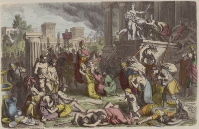 Fethedilen bir şehri yağmalayan Romalı askerler (renkli gravür) by Heinrich Leutemann