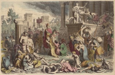 Fethedilen bir şehri yağmalayan Romalı askerler (renkli gravür) by Heinrich Leutemann