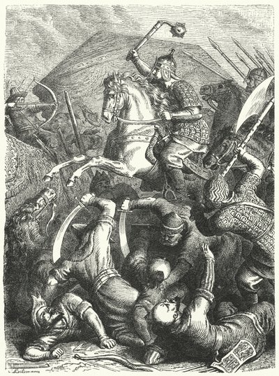 Kazak askeri komutanı Yermak Timofeyevich, Kuchum Khan Tatarları ile savaşta (gravür) by Heinrich Leutemann