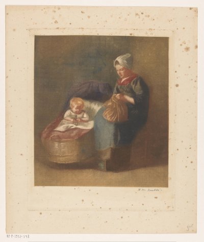Bir çocuk bir beşik yanında el sanatları kadın by Heinrich M. Krabbé (signed by artist)