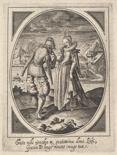Bir adam ağzına bir kadeh, bir su değirmeni ve binek tutan bir kadına doğru adım atar..., yakl. 1585-1621. by Heinrich Ulrich