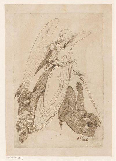 Angel bir kadın azizi kaldırır ve bir iblisi yener by Heinrich Vianden
