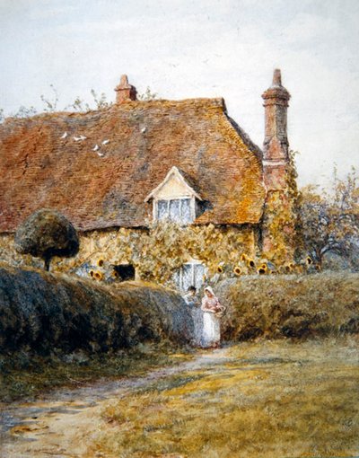 Bir Kulübe Kapısının Yanında (kağıt üzerine suluboya) by Helen Allingham
