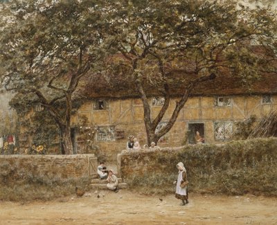 Kulübenin Dışındaki Çocuklar (kağıda kazıyarak sulu boya) by Helen Allingham