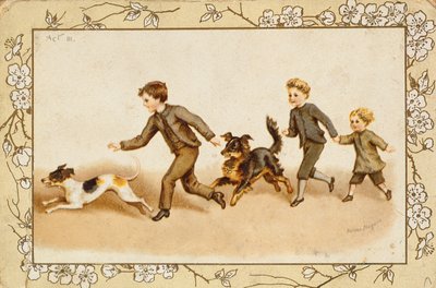 Köpekleriyle oynayan çocukları gösteren tebrik kartı by Helena J. Maguire