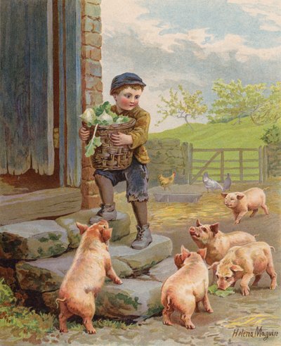 Aç domuzlar, bir çiftlikte bir sepet şalgam taşıyan bir çocuğu izliyor (chromolitho) by Helena J. Maguire