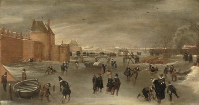 St. Janspoort şehir kapısının yakınında donmuş bir nehirde patenciler, kolf oyuncuları ve kızaklar, arka planda Kruispoort ve ötesinde Pembe değirmen, Haarlem (panelde yağ) by Hendrick Avercamp (studio of)