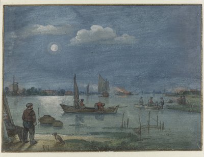 Balıkçılar ile mehtaplı nehir manzarası by Hendrick Avercamp