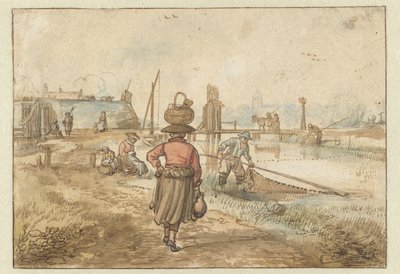 Kafasında Sepet Taşıyan Bir Kadınla Nehir Manzarası, Balıkçılar ve Bir Kasabanın Duvarlarına Yakın Diğer Figürler by Hendrick Avercamp