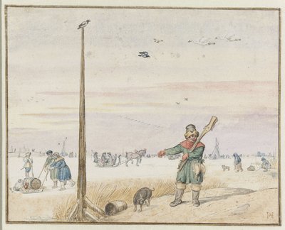 Donmuş Bir Nehrin Kıyısında Kemerinde Oyun ve Omzunun Üzerinde Silahıyla Bir Ördek Avcısı ile Kış Manzarası by Hendrick Avercamp