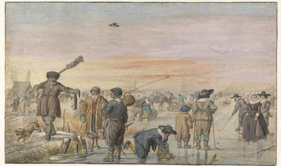 Su samuru gösteren bir avcı ile buz üzerinde kış sahnesi by Hendrick Avercamp