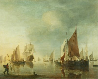 Sakin bir denizde açık denizde demir atarak nakliye; akşam ışığı, c.1650-60 (panel üzerine yağ) by Hendrick Dubbels