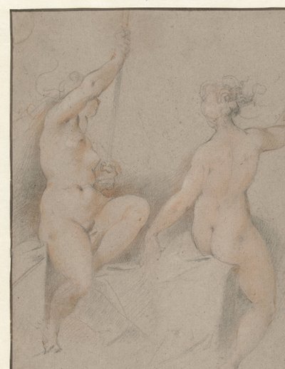 Oturan iki çıplak kadın by Hendrick Goltzius (follower of)
