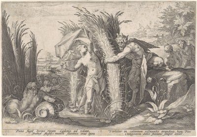 Pan en Syrigx Dönüştürülmüş van Ovid (seri başlığı) by Hendrick Goltzius (workshop of)