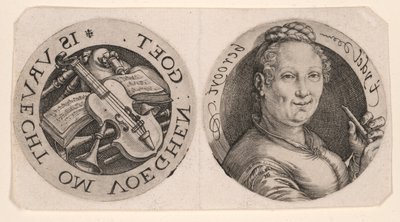 Elinde Flüt Tutan Kadın Büstü ve Müzik Aletleri, tek yaprak üzerinde by Hendrick Goltzius