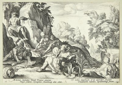 Diğer ilahi figürlerle çevrili nehir tanrısı Peneus by Hendrick Goltzius