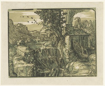 Şelale ile manzara Dört küçük manzara (dizi başlığı) by Hendrick Goltzius