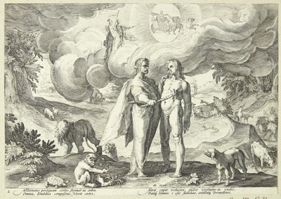 Prometheus insanı yaratır ve ona cennetten ateşle hayat verir. by Hendrick Goltzius