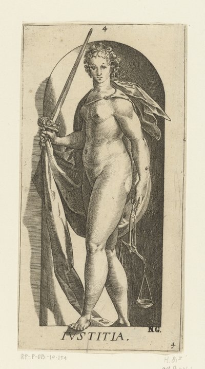 adalet Iustitia (nesne üzerindeki başlık) Yedi Erdem (dizi adı) by Hendrick Goltzius