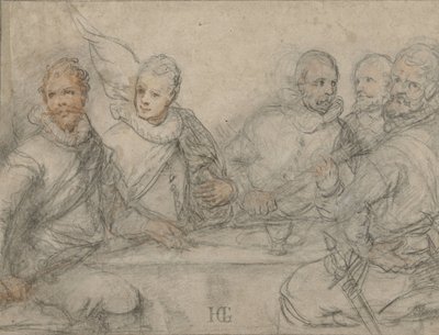 Beş memur, silahlı adam yemeği için çalışın. by Hendrick Goltzius