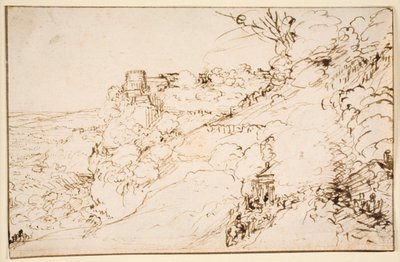 Dağ burnunda kale benzeri bina ile manzara by Hendrick Goudt