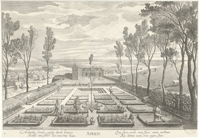 Nisan, bir bahçede bir şirketle Aprilis (nesne üzerindeki başlık) On İki Ay (dizi adı) by Hendrick Hondius (I)