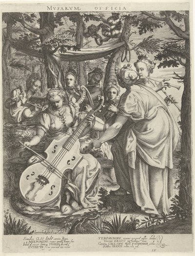 Konser van de muzen op de Parnassus İlham perileri (nesne üzerindeki başlık) by Hendrick Hondius (I)