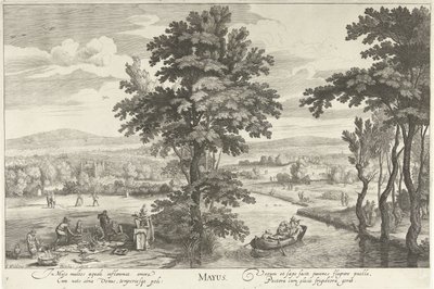 Mayıs, bir manzarada bir şirketle Mayus (nesne üzerindeki başlık) On İki Ay (dizi adı) by Hendrick Hondius (I)
