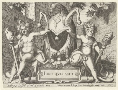 Aptal başlıklı iki putti Libet qui caret (nesne üzerindeki başlık) by Hendrick Hondius (I)