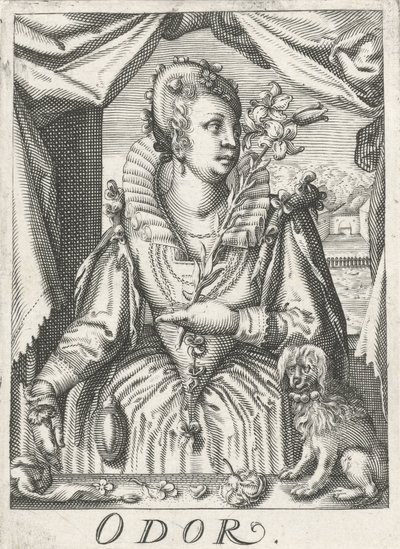 Koku (Koku), çiçek dalı olan bir kadın Koku (nesne üzerindeki başlık) Beş duyu (dizi adı) by Hendrick Hondius (rejected attribution)