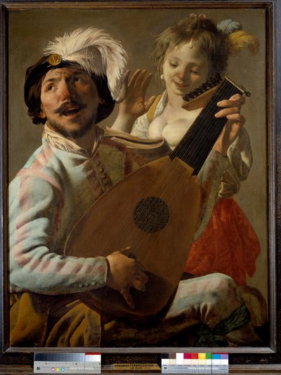 İkili Bir dansçıyla ud çalan bir şarkıcı. Hendrick ter Brugghen (veya Terbrugghen) tarafından boyama by Hendrick ter Brugghen