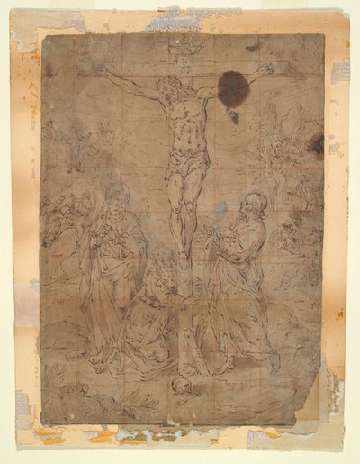 Arka Planda Tutku Sahneleri ile Bakire ve St. John Arasındaki Haç Üzerindeki İsa by Hendrick de Clerck