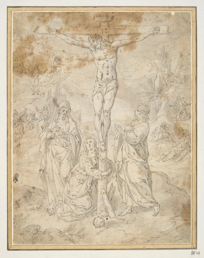 Arka Planda Tutku Sahneleri ile Bakire ve Aziz John arasındaki Haç Üzerindeki İsa by Hendrick de Clerck