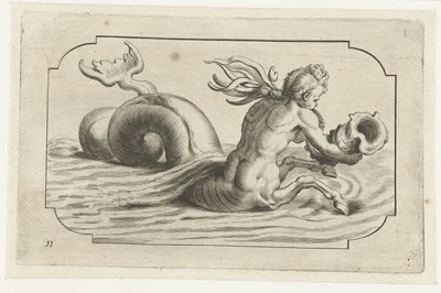 Üst vücudu erkek olan denizatı Nouveau Livre des Dieux et Deeßes De la Marine Bouckje Deniz Tanrıları ve Tanrıçaları (dizi başlığı) by Hendrick de Keyser (I)